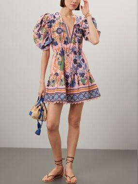 Farm Rio Seashell Tapestry Short-Sleeve Mini Dress L